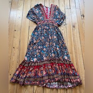 Boho Blue and Red Maxi Dress with Flowing Design